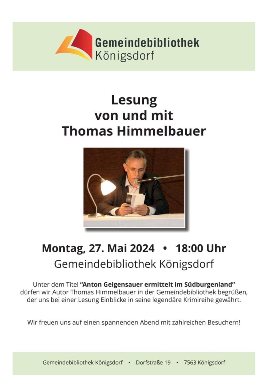 Flyer Lesung Thomas Himmelbauer in der Gemeindebibliothek Königsdorf