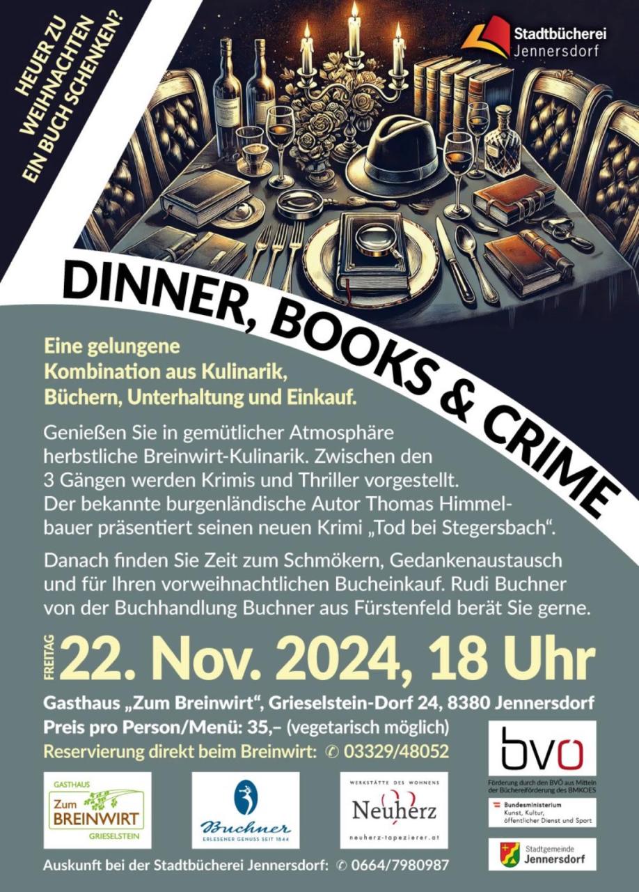 Plakat Dinner, Books and Crime eine Veranstaltung der Stadtbücherei Jennersdorf