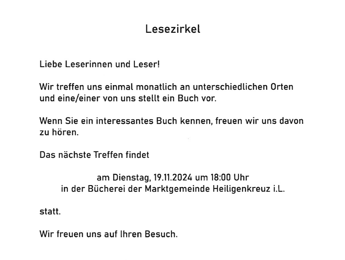 Einladung zum Lesezirkel der Bücherei Heiligenkreuz