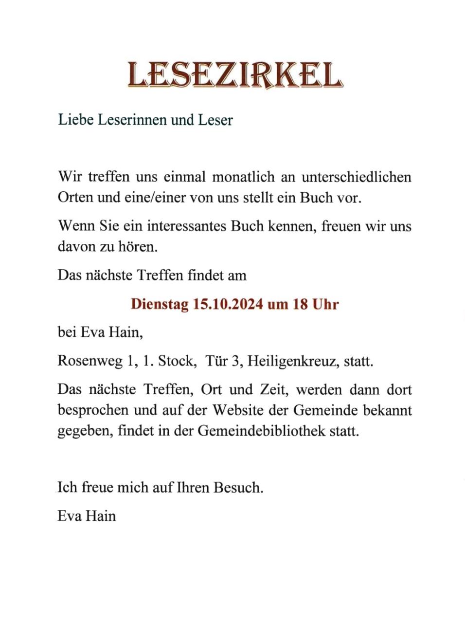 Einladung Lesezirkel