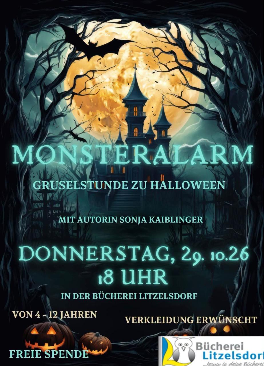 Plakat Monsteralarm, Gruselstunde zu Halloween mit Autorin Sonja Kaiblinger